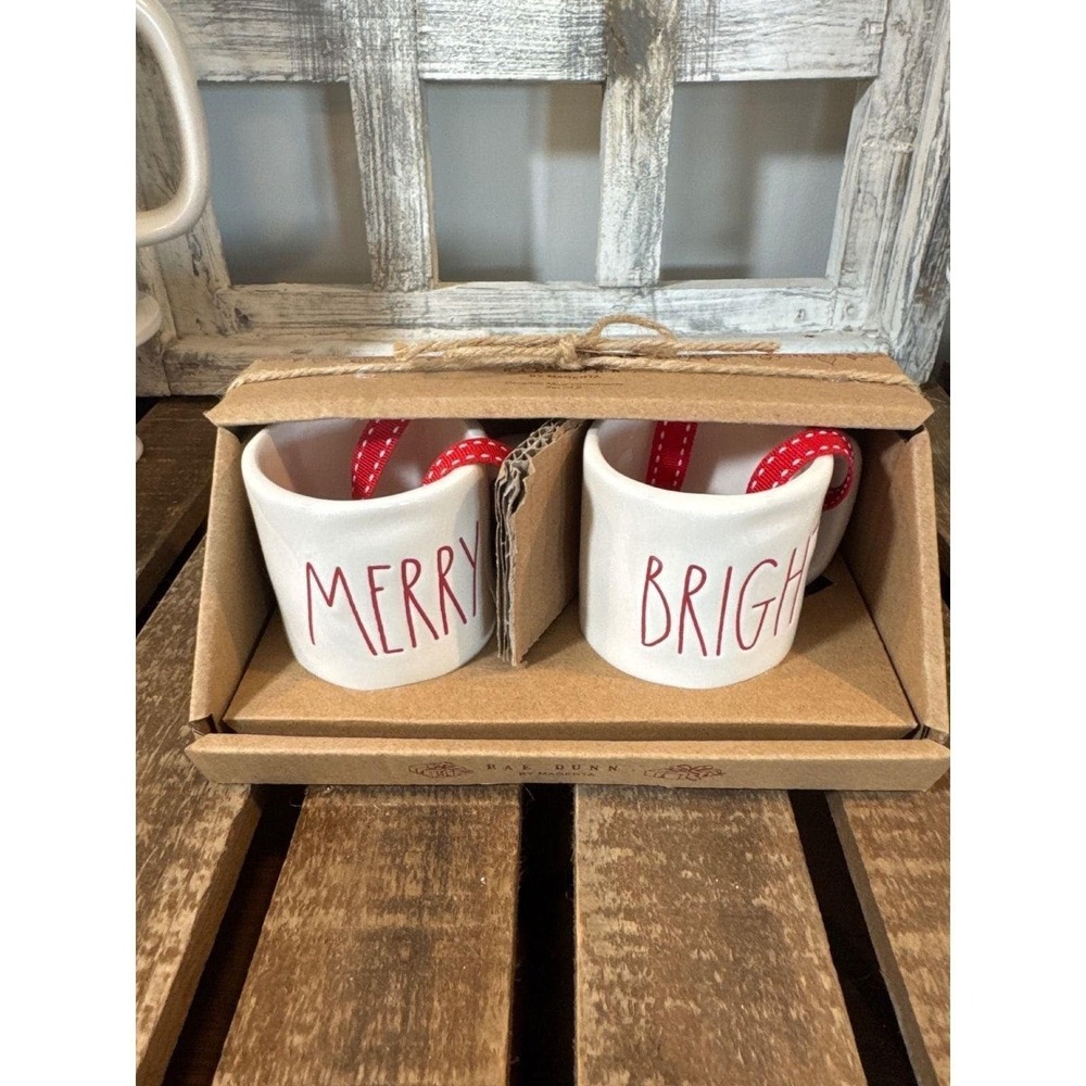 Rae Dunn Christmas Holiday Ceramic "MERRY" & "BRIGHT" Mini Mug Ornaments New